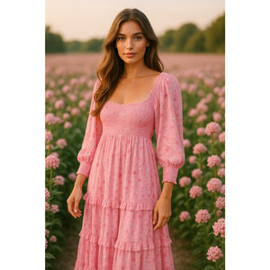 LoveShackFancy Miri Floral Smocked Maxi Dress Pink Cottagecore Luxury M Ruffle